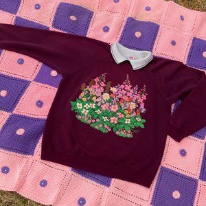 Vintage 80s grandma sweatshirt burgundy floral |S-M| collared 1980s collar